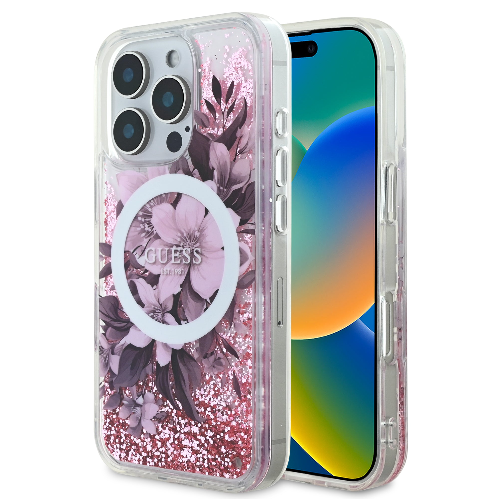 Guess Magsafe “Liquid Glitter Flower" Hard Case Θήκη προστασίας από σκληρό πλαστικό – iPhone 16 Max (Ροζ – GUHMP16XLFMWTP) – PhoneBazaar