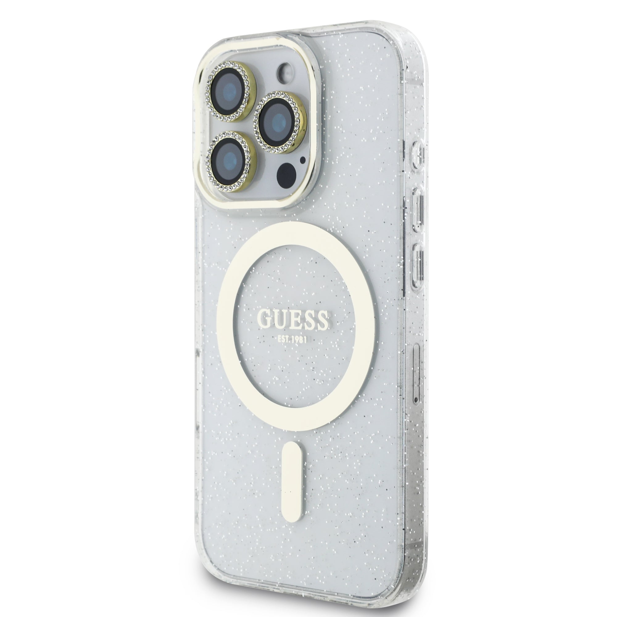 Guess IML Magsafe Case “Rhinestone Gold Lens + Screen” Θήκη προστασίας από σκληρό πλαστικό – iPhone 16 Pro Max (Clear/Glitter – GUOBPLTP16XHCMCGT)