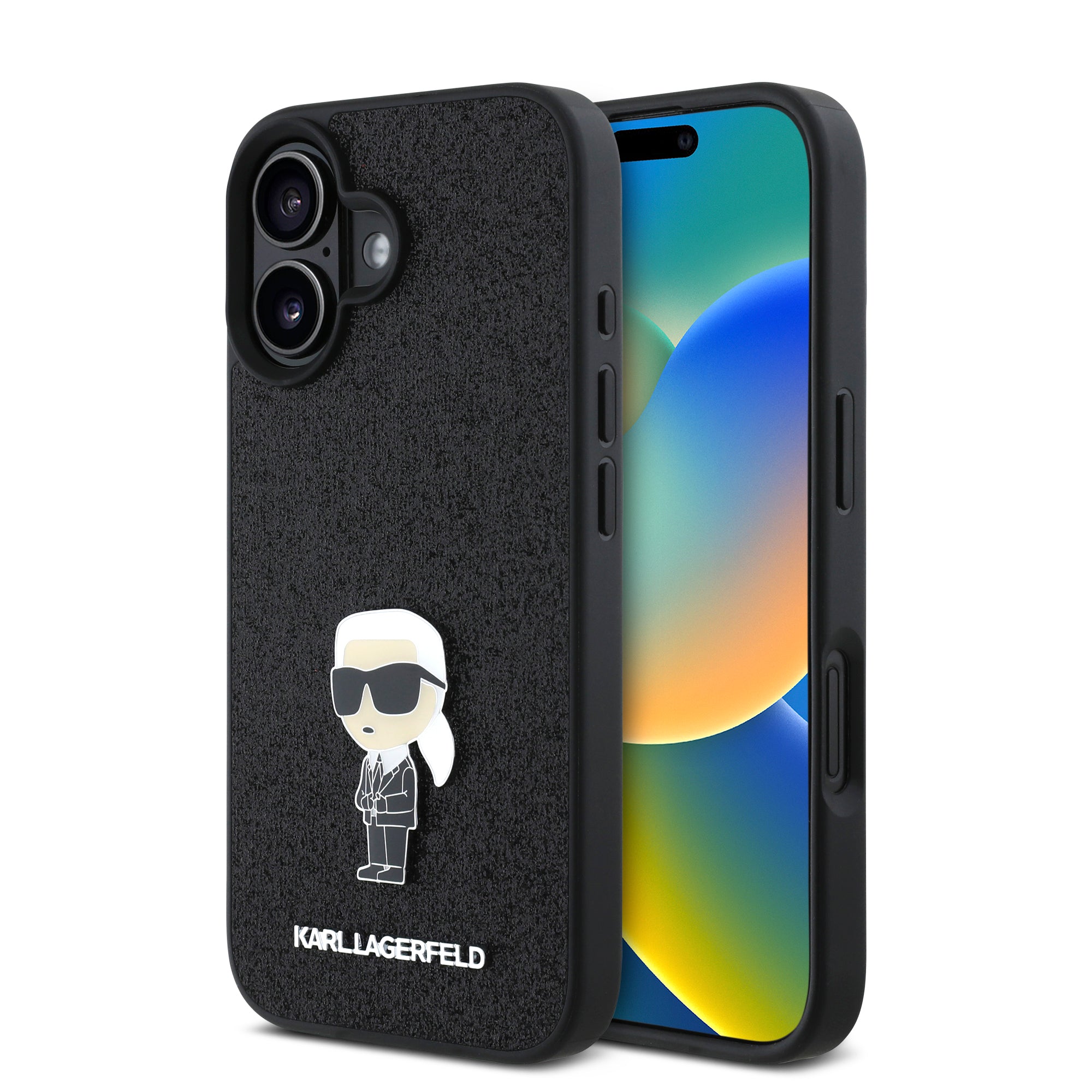 Karl Lagerfeld Ikonik Fixed Glitter Hard Case with Ikonik Metal Logo Θήκη προστασίας από σιλικόνη – iPhone 16 (Glitter Black – KLHCP16SGKNPSK) – PhoneBazaar