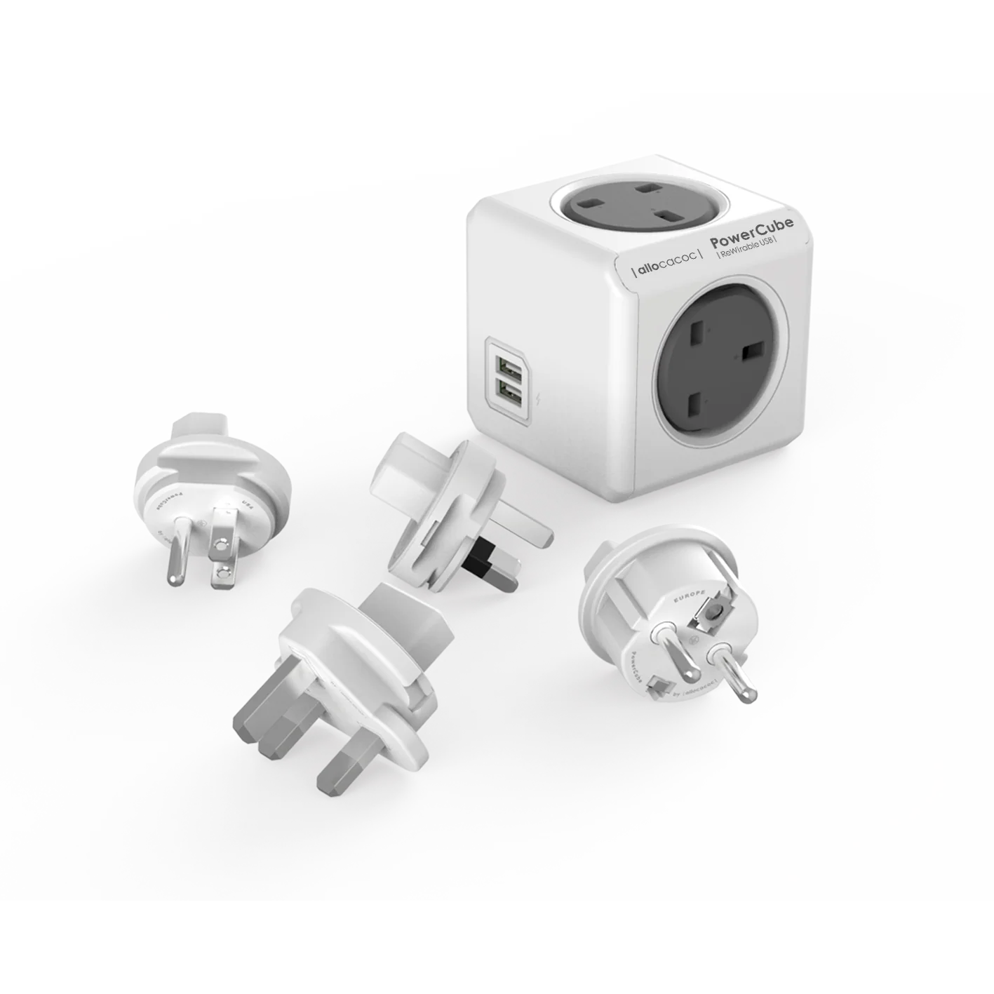 Allocacoc® PowerCube |ReWirable| Πολύπριζο 5 θέσεων UK & 4x plugs  Γκρι - 1850GY/UKRU4P