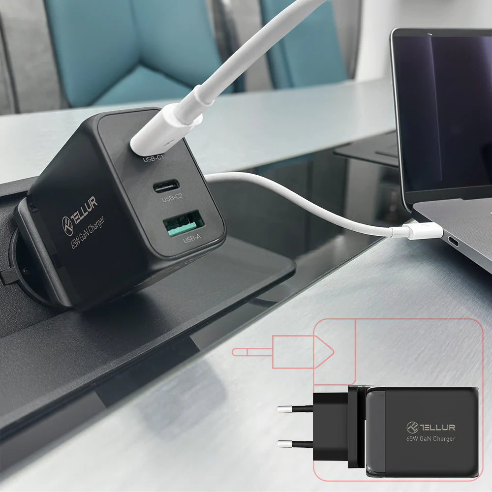 Tellur GaN 65W 3-port wall charger, 2xUSB-C + USB-A, EU, UK, US- Φορτιστής Τοίχου 3 θυρών σε μαύρο χρώμα