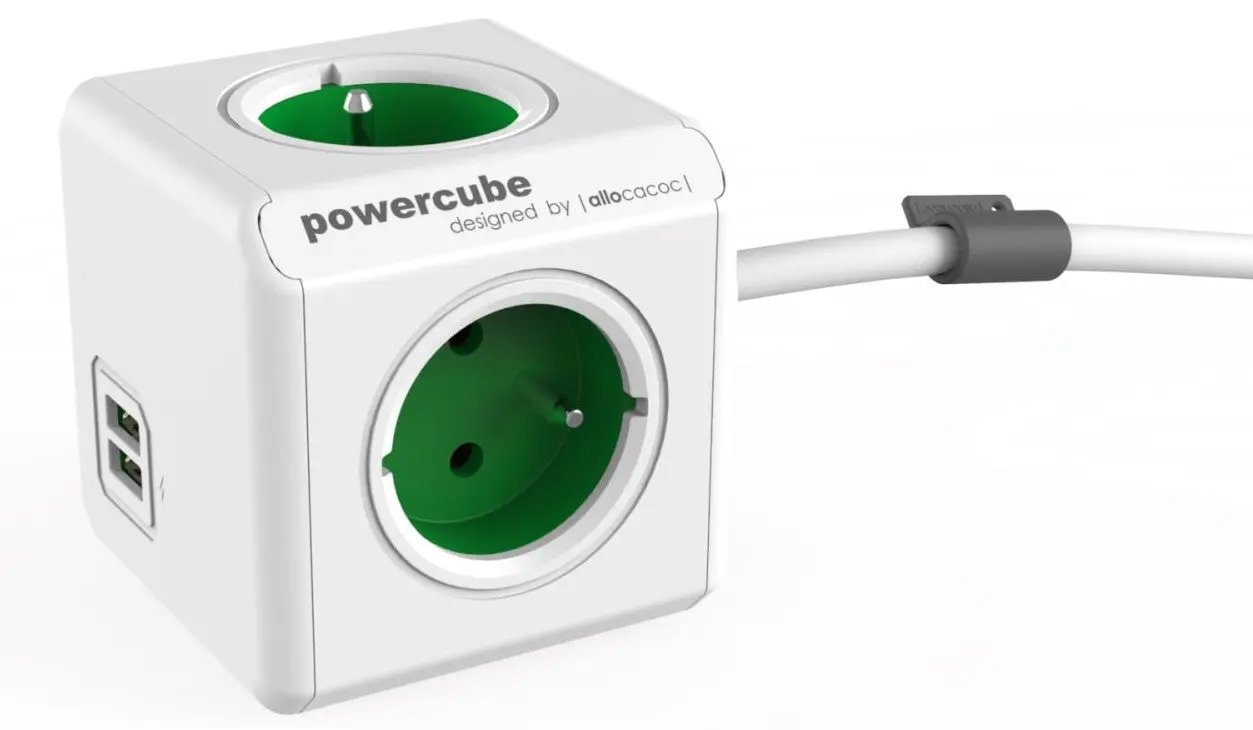 Allocacoc® PowerCube | Extended USB| Πολύπριζο 4 θέσεων & 2 USB – Πράσινο – 1406GN/DEEUPC – PhoneBazaar