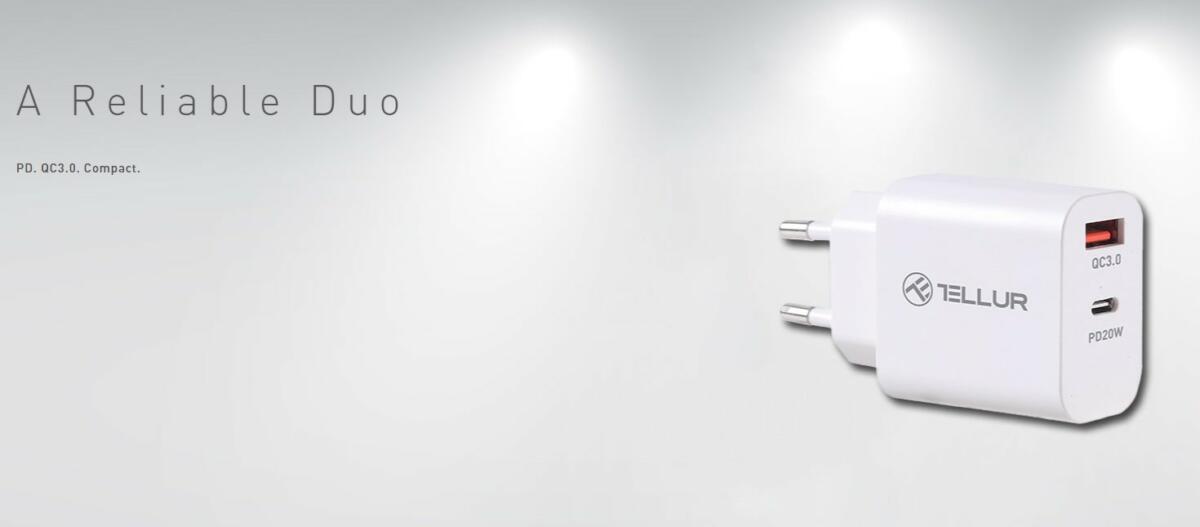 Tellur PDHC101 Φορτιστής δύο θυρών 38W PD (PD20W + QC3.0 18W) σε λευκό χρώμα (TLL151381)